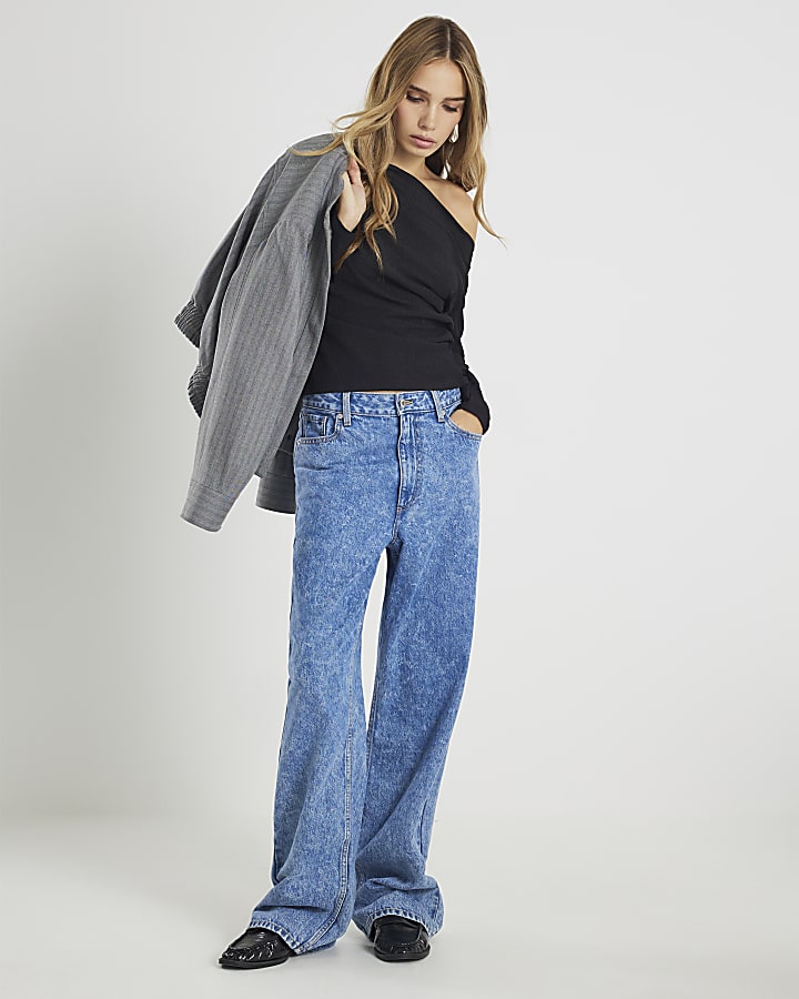 Black Long Sleeve Pleated Off Shoulder Top