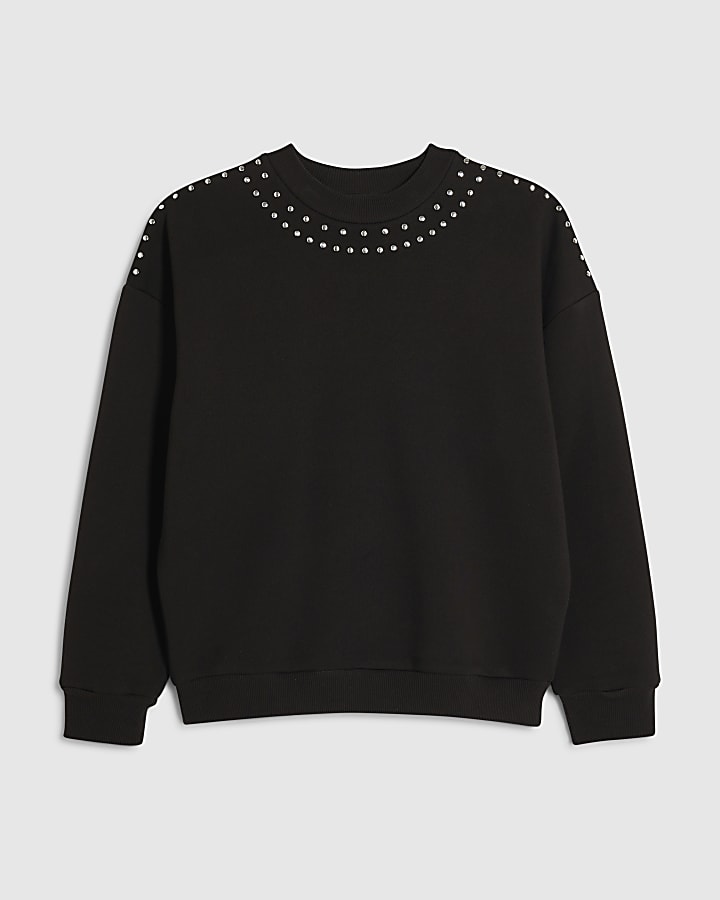Black Long Sleeve Studded Neckline Sweatshirt