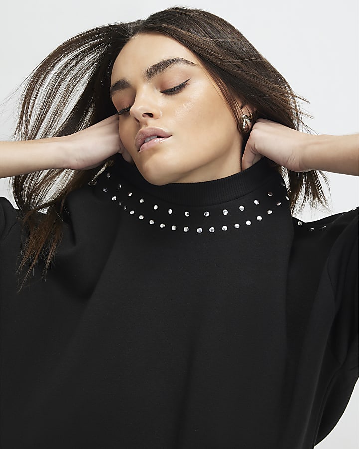 Black Long Sleeve Studded Neckline Sweatshirt