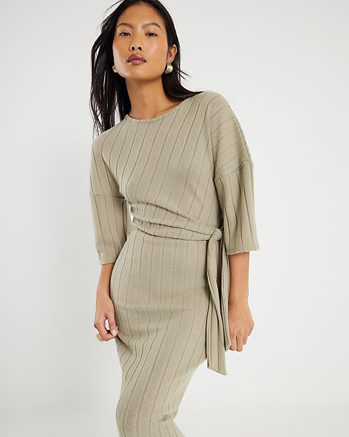 Petite Green Wide Ribbed Cosy Dress