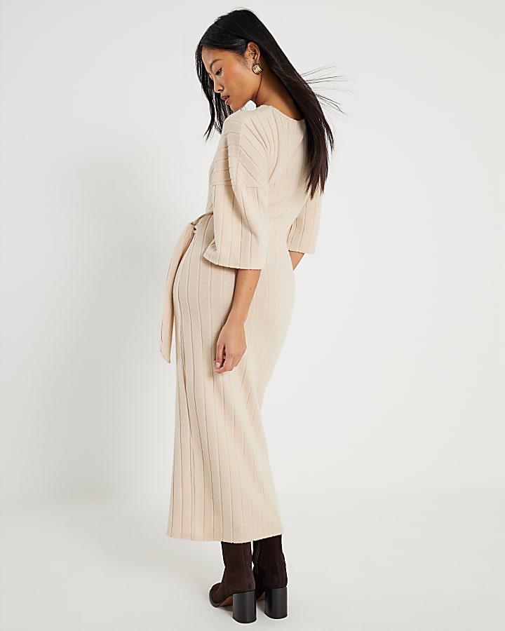Petite Beige Short Sleeve Ribbed Cosy Dress
