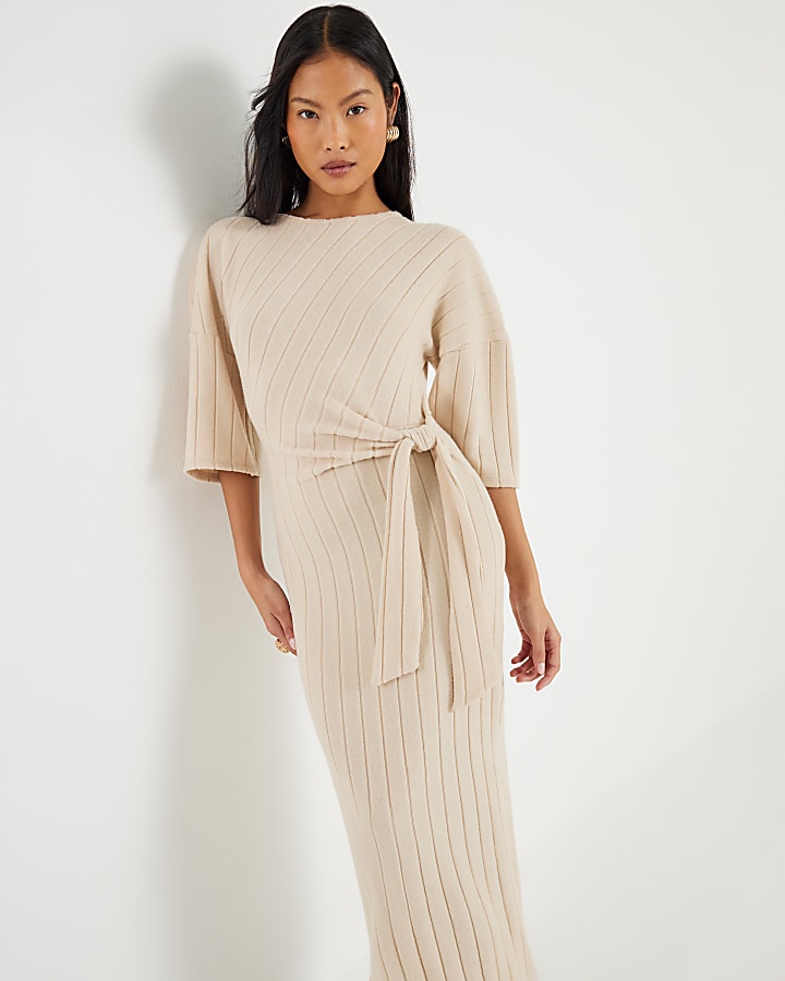 Petite Beige Short Sleeve Ribbed Cosy Dress