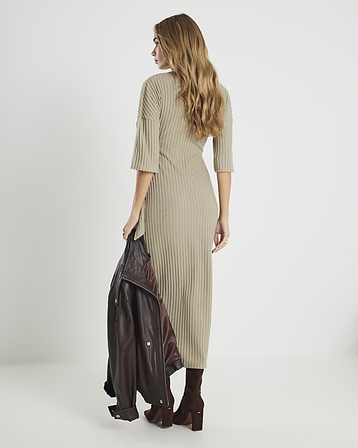 Green Short Sleeve Ribbed Cosy Midi Dress