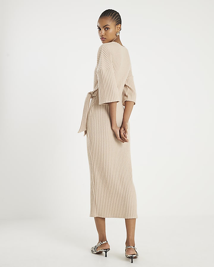 Beige Short Sleeve Cosy Ribbed Midi Dress
