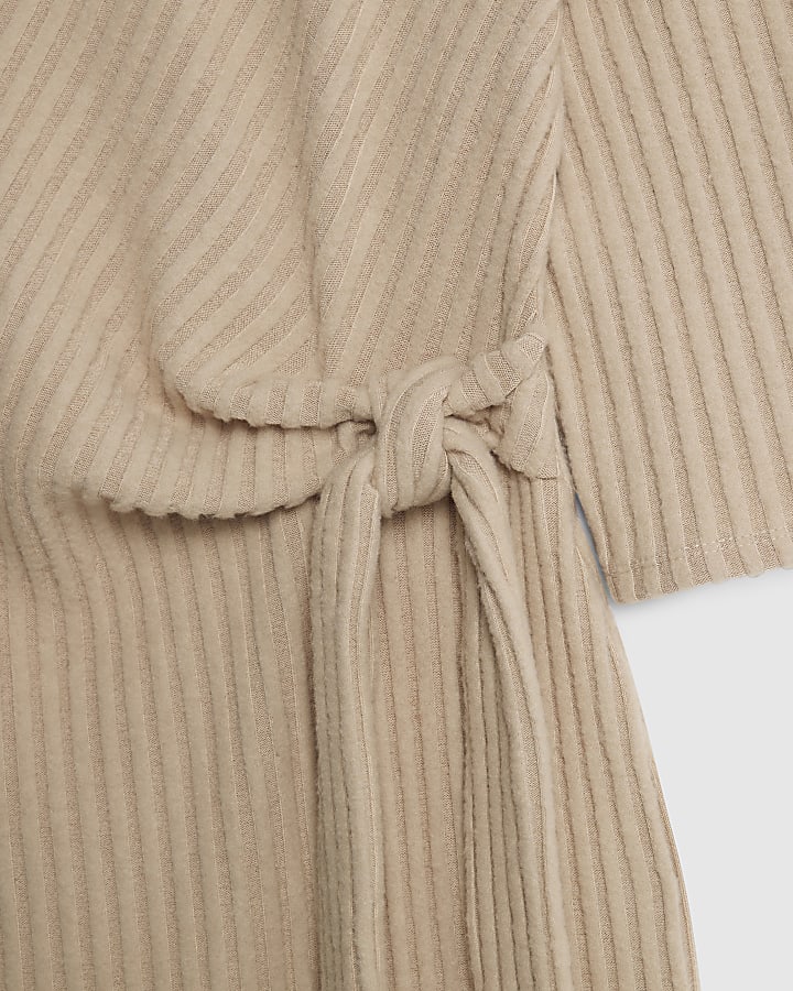 Beige Short Sleeve Cosy Ribbed Midi Dress