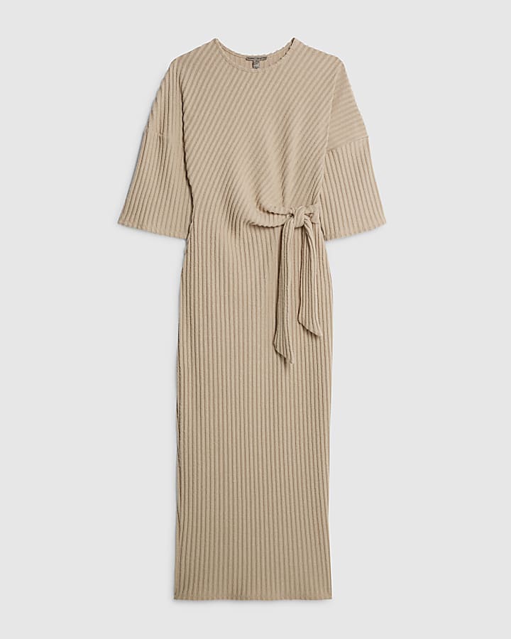 Beige Short Sleeve Cosy Ribbed Midi Dress