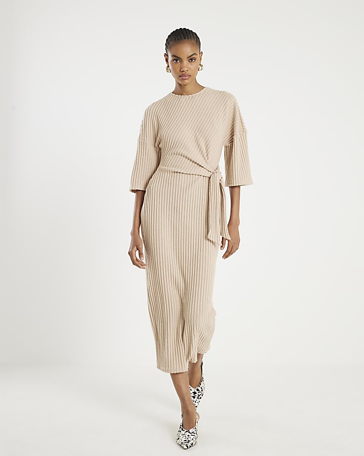 Beige Short Sleeve Cosy Ribbed Midi Dress