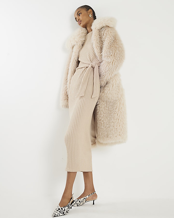 Beige Short Sleeve Cosy Ribbed Midi Dress