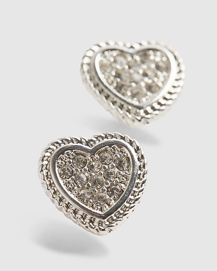 Silver Diamante Heart Stud Earrings