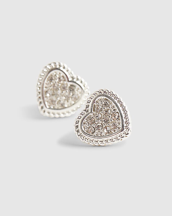 Silver Diamante Heart Stud Earrings
