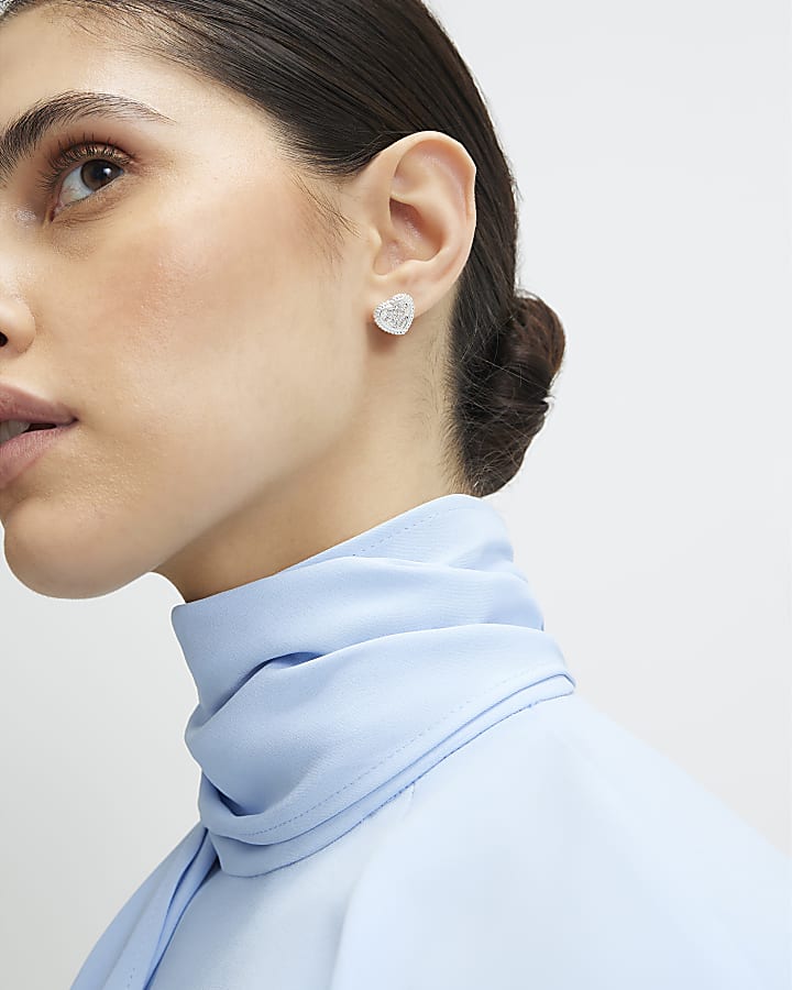Silver Diamante Heart Stud Earrings