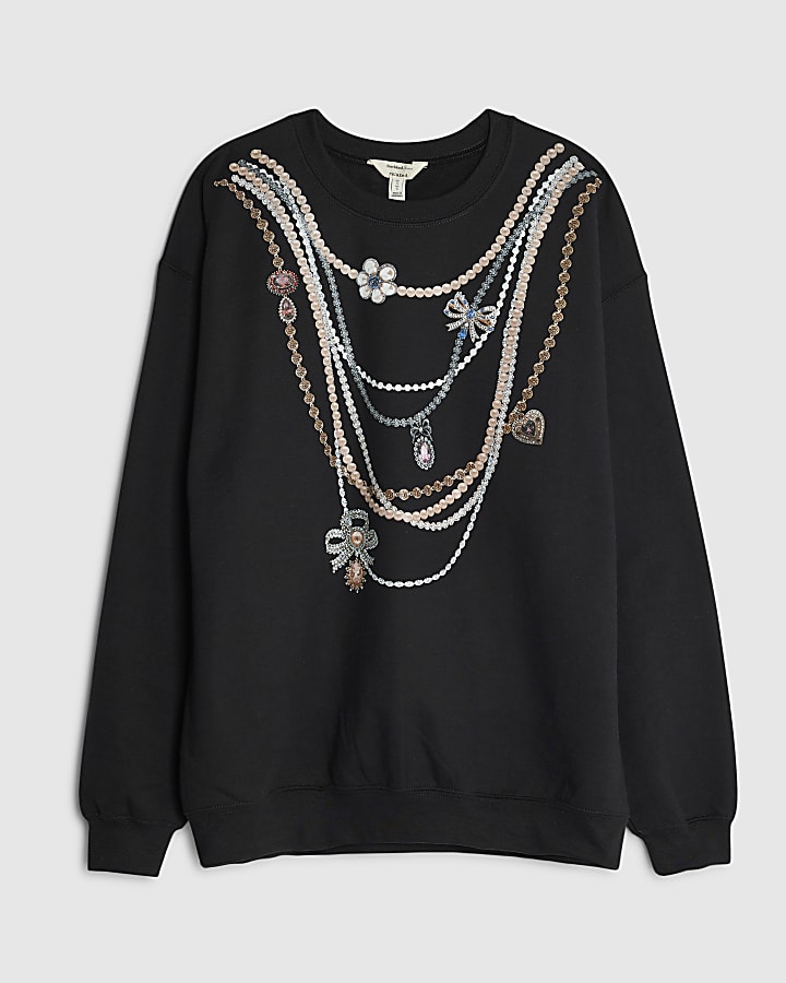 Black Long Sleeve Necklace Trim Sweatshirt