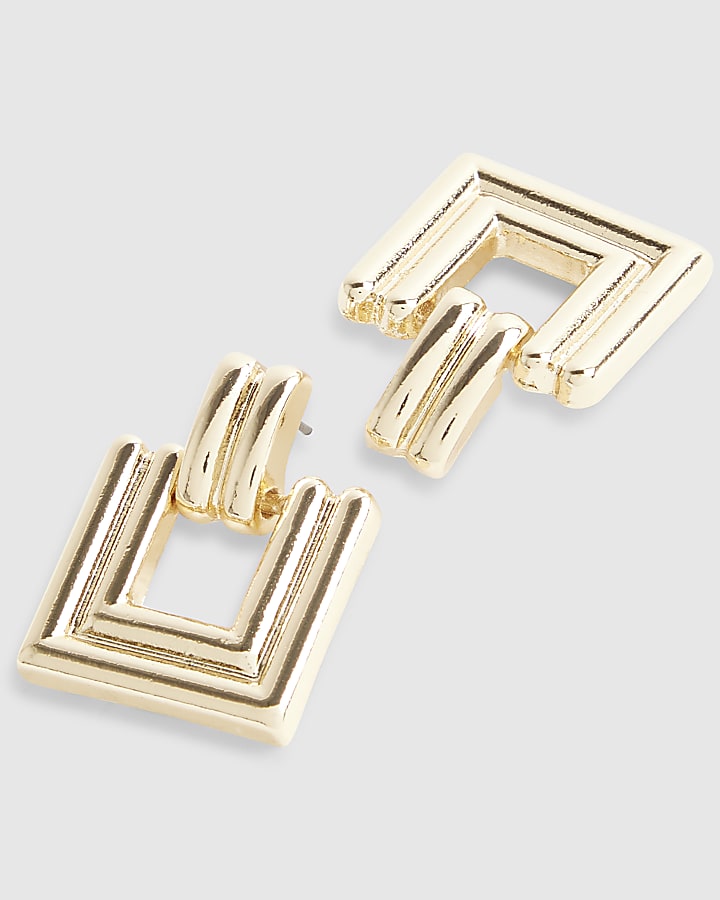Gold Ridged Square Door Knocker Earrings