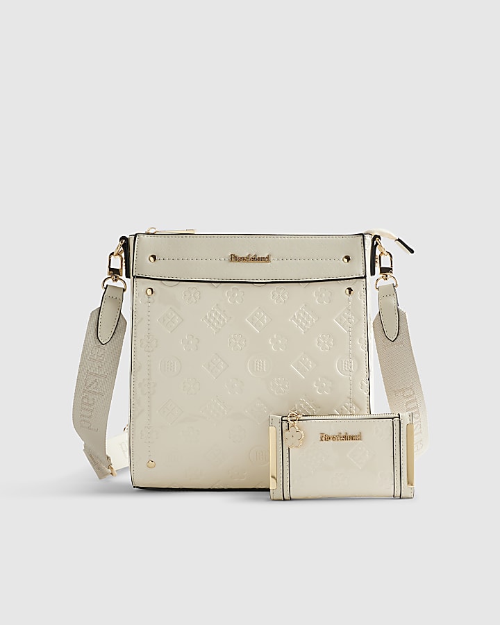 Cream Embossed Monogram Messenger Bag Bundle