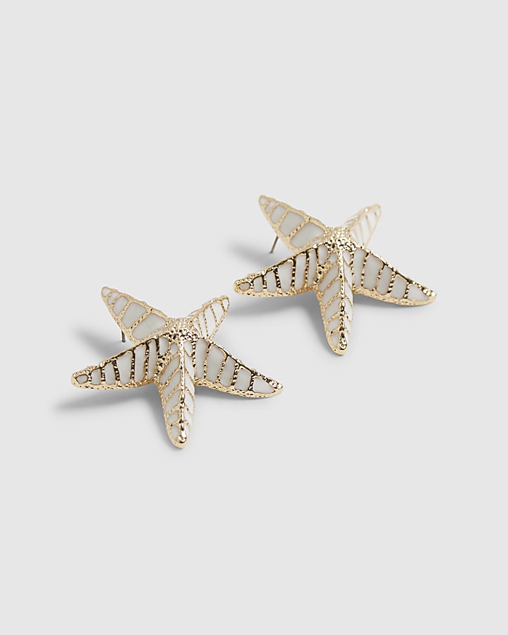 White Large Enamel Starfish Stud Earrings