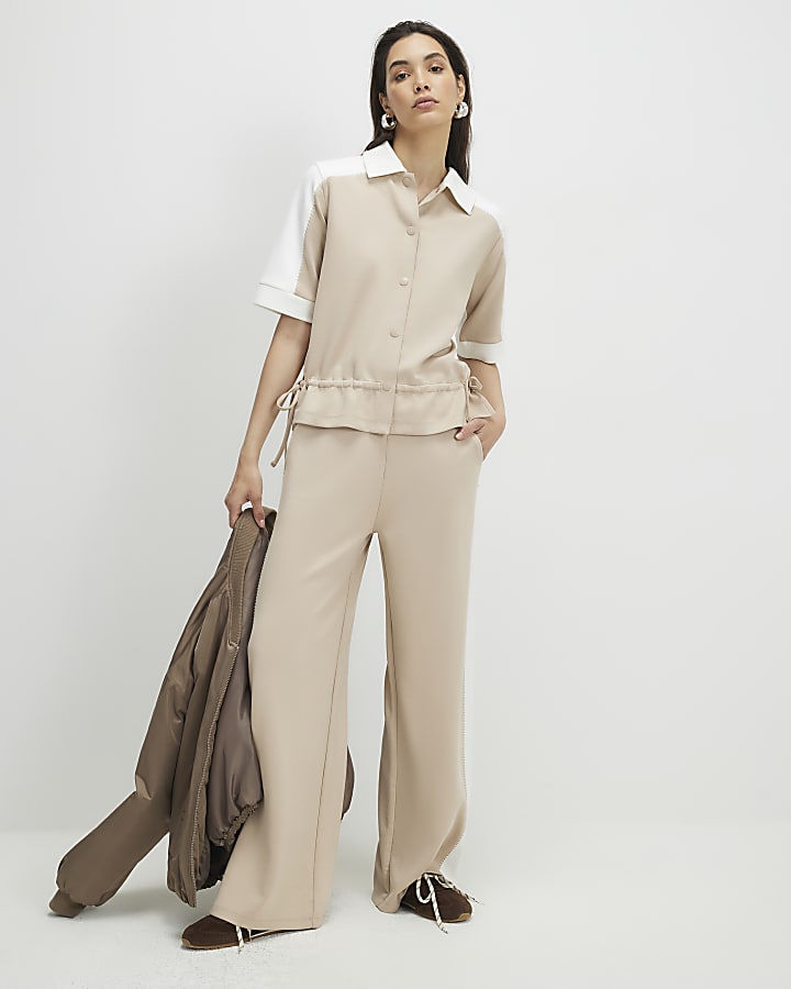 Beige Colour Blocked Polo Shirt