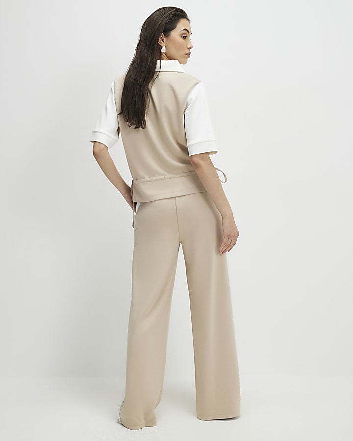 Beige Colour Blocked Wide Leg Trousers
