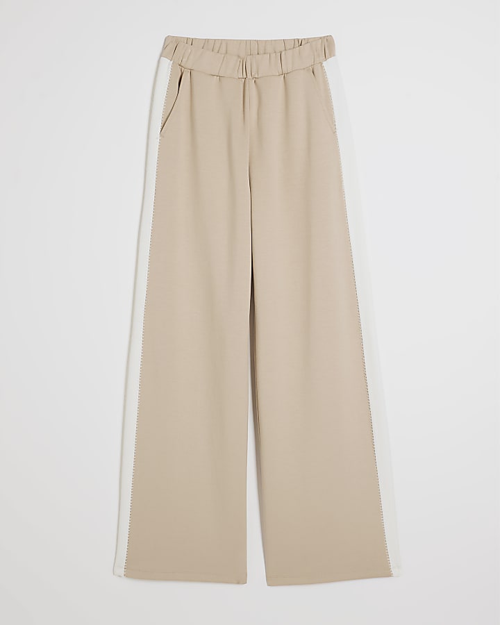 Beige Colour Blocked Wide Leg Trousers