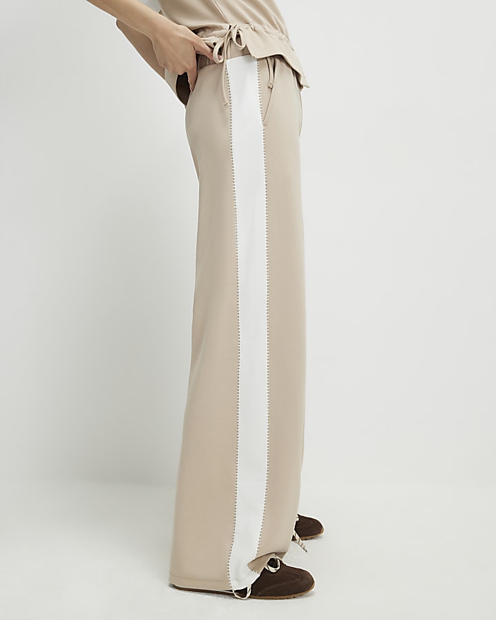 Beige Colour Blocked Wide Leg Trousers