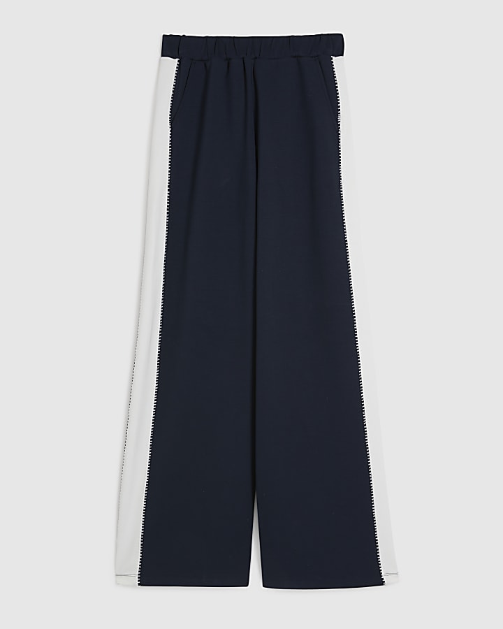 Navy Colour Blocked Wide Leg Trousers