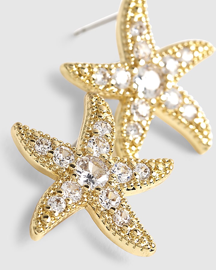 Gold Diamond Simulant Starfish Stud Earrings