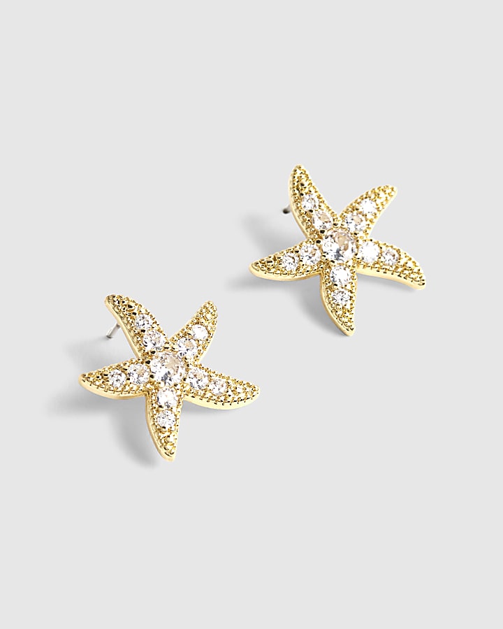 Gold Diamond Simulant Starfish Stud Earrings