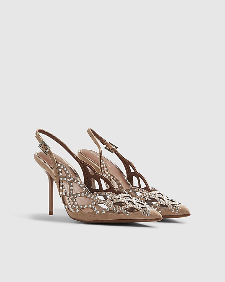 Beige Cut Out Embellished Court Heels