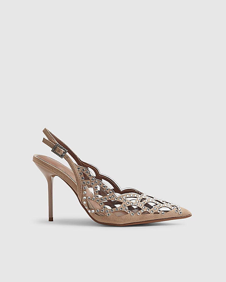 Beige Cut Out Embellished Court Heels