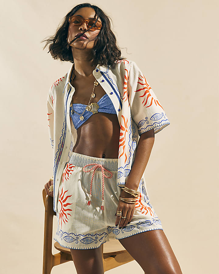 Cream Sun Print Shorts