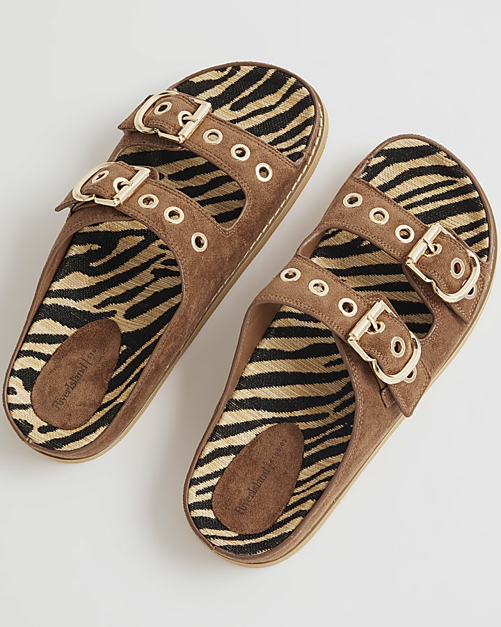Brown Animal Double Strap Sandals