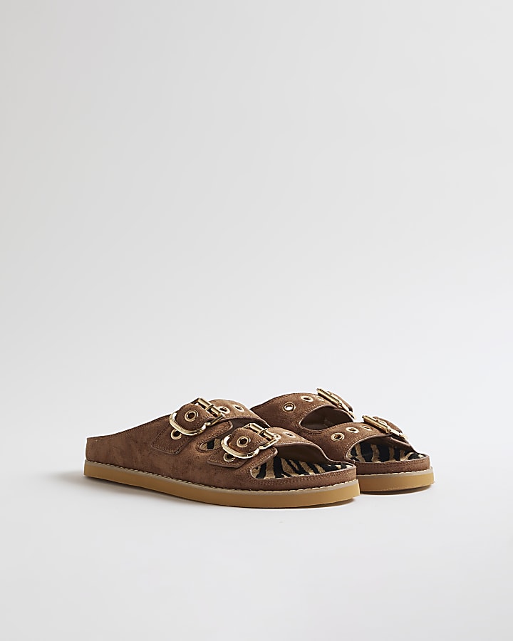 Brown Animal Double Strap Sandals