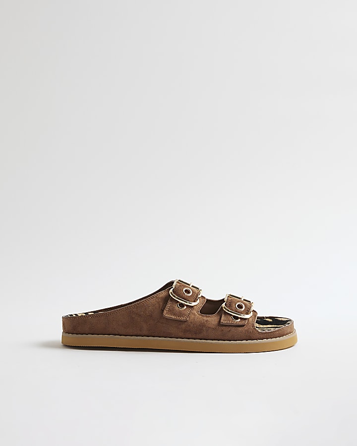 Brown Animal Footbed Double Strap Sandals
