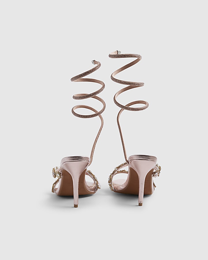 Pink Flower Embellished Wrap Heeled Sandals