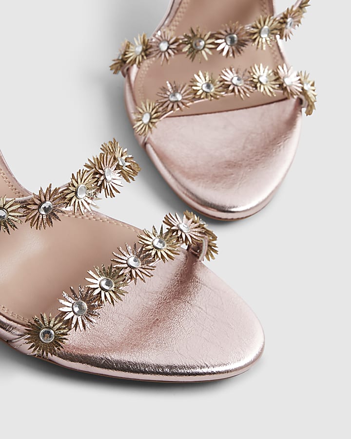 Pink Flower Embellished Wrap Heeled Sandals