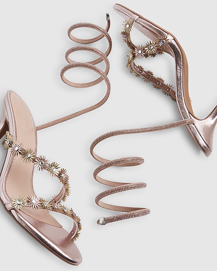 Pink Flower Embellished Wrap Heeled Sandals