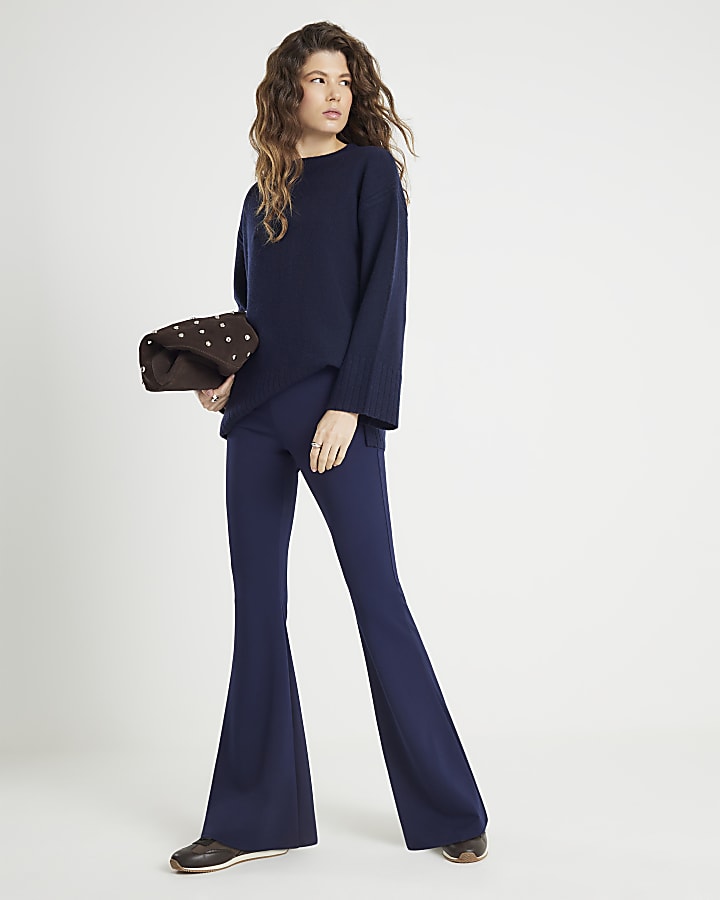 Navy Pull On Flared Trousers