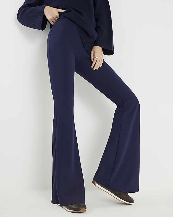 Navy Pull On Flared Trousers
