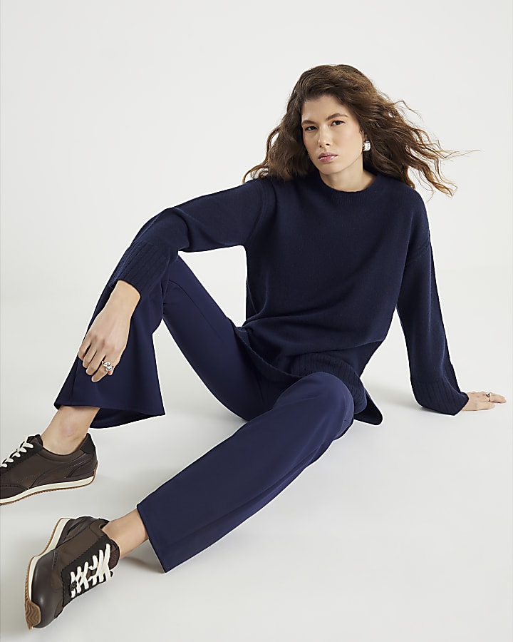 Navy Pull On Flared Trousers