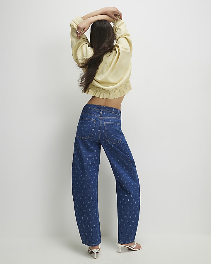 Blue Ditsy Texture Barrel Jeans