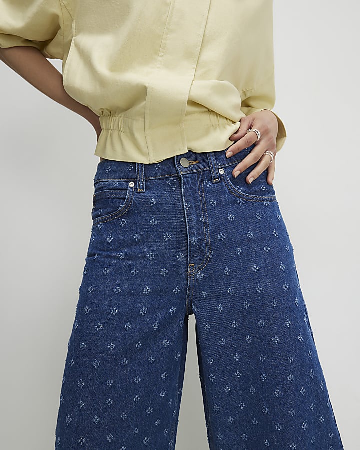 Blue Ditsy Texture Barrel Jeans