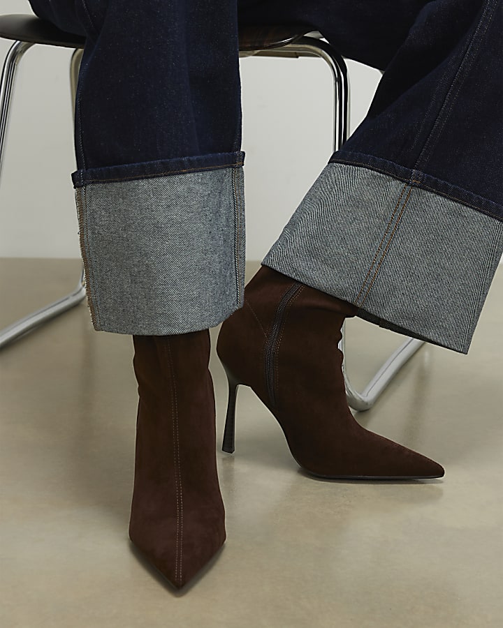 Brown Heeled Sock Ankle Boots