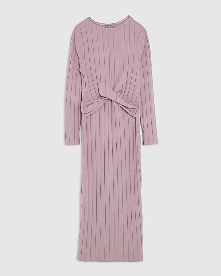 Pink Long Sleeve Cosy Twist Front Midi Dress