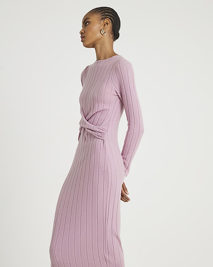 Pink Long Sleeve Cosy Twist Front Midi Dress