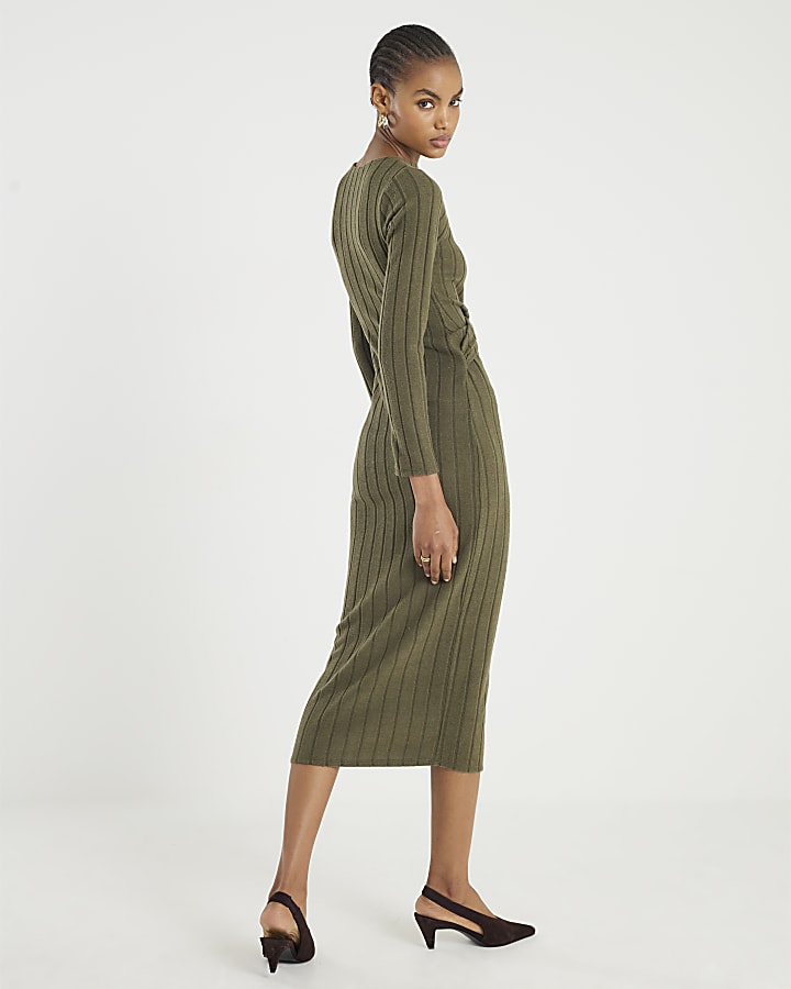 Khaki Long Sleeve Cosy Twist Front Midi Dress
