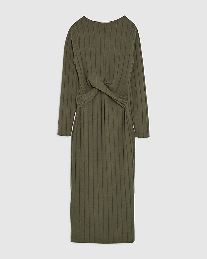Khaki Long Sleeve Cosy Twist Front Midi Dress