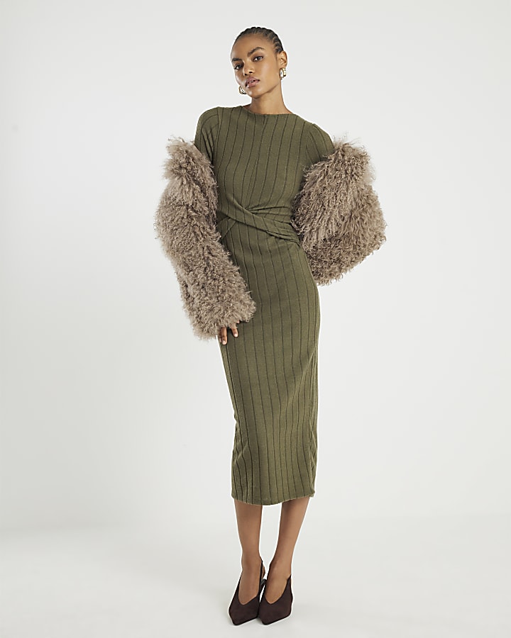 Khaki Long Sleeve Cosy Twist Front Midi Dress