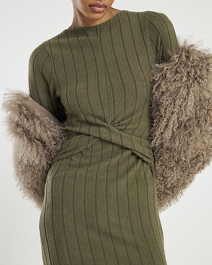 Khaki Long Sleeve Cosy Twist Front Midi Dress