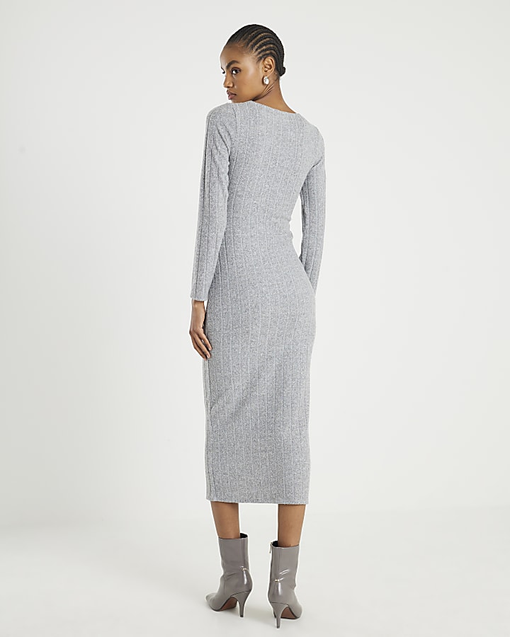 Grey Long Sleeve Cosy Twist Front Midi Dress
