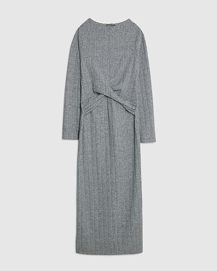 Grey Long Sleeve Cosy Twist Front Midi Dress
