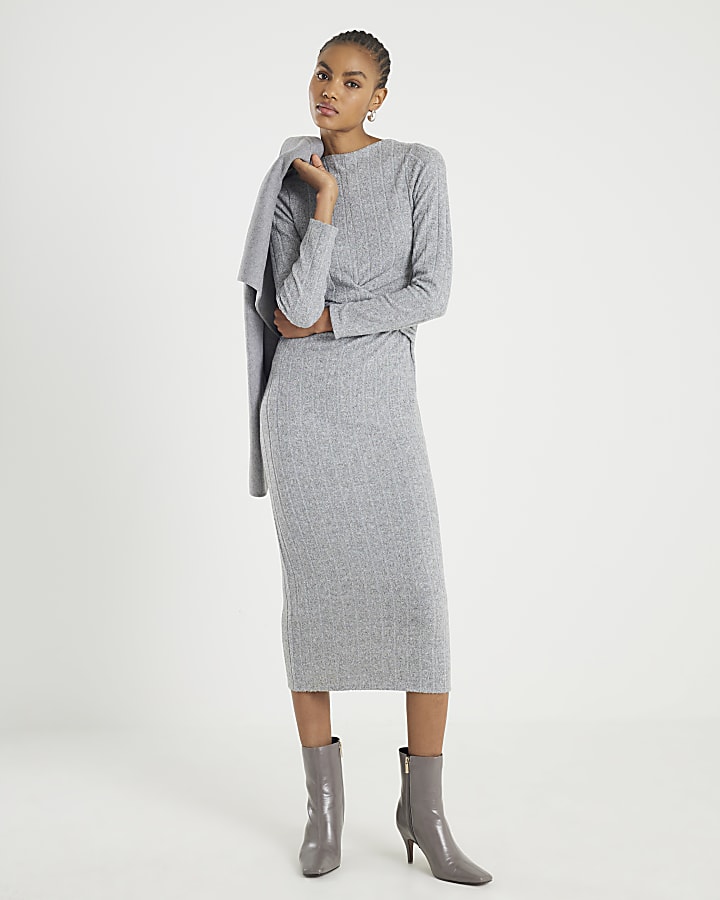 Grey Long Sleeve Cosy Twist Front Midi Dress